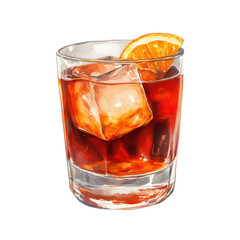PNG Negroni cocktail with ice cubes and orange slice garnish in a glass. Watercolor illustration