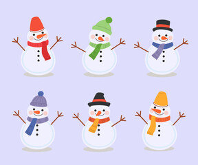 Cute cartoon-style snowman set with colorful scarves and hats. Cheerful expressions and festive winter accessories. Snowmen vector illustration