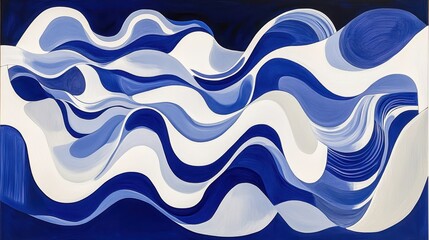 Fototapeta premium Abstract painting of swirling, flowing forms in shades of blue and white, creating a dynamic, wave-like composition