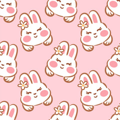 seamless pattern featuring cute kawaii bunny faces on a soft pink background. The bunnies have expressive eyes and cheerful smiles, creating a playful and whimsical design perfect for various products