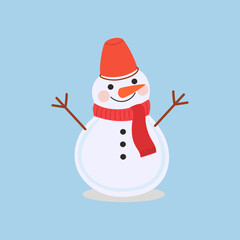 Snowman vector illustration. Cheerful snowman with classic design. Bucket hat, carrot nose, scarf, and raised stick arms in joyful pose.