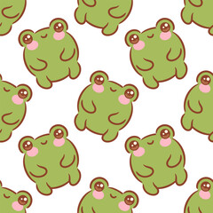 Obraz premium seamless pattern featuring adorable kawaii green frogs, each with cheerful expressions and playful poses, surrounded by whimsical lily pads, water droplets, perfect for fun designs and childrens decor