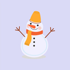 Classic cartoon snowman. Smiling face with coal eyes, button details, and festive winter accessories. Snowman vector illustration