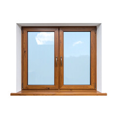 wooden window with a blue sky