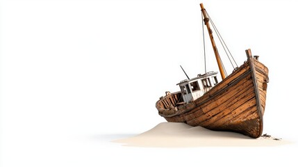 An old wooden fishing boat sits stranded on a sandy shore under a bright sun, its weathered hull telling tales of past voyages and maritime adventures, isolated.