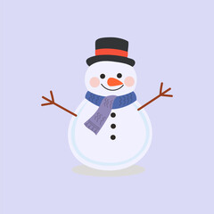Happy snowman illustration. Cute hat on head, scarf, and carrot nose with a cheerful, traditional snowman look. Snowman vector illustration