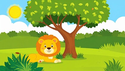 Naklejka premium A cute lion resting beneath a lush green tree.