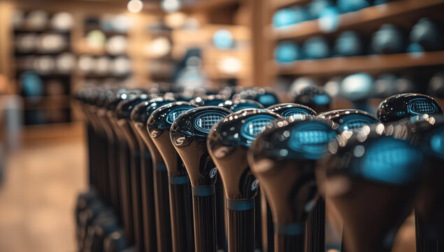 Close-up of many black golf club grips in a shop