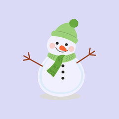 Cartoon snowman in winter clothes vector illustration.  Carrot nose, coal eyes, pom-pom hat, and a happy holiday look.