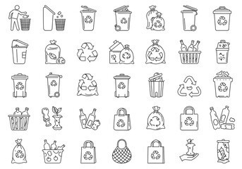 Line art illustration of various waste disposal and recycling icons, showing environmental awareness.