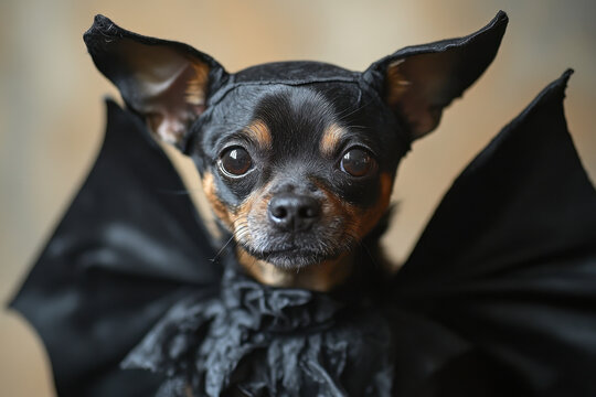 Small dog in bat costume, with outstretched wings and pointy ears, stands against night sky backdrop, adorable and ready for Halloween.