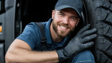 Cheerful Tire Technician: A skilled and friendly tire technician, sporting a cap and gloves, radiates confidence and expertise as he poses beside a large tire.