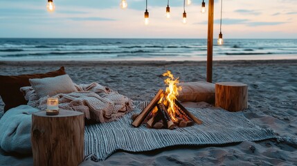 A cozy bonfire burns brightly on the sandy beach under a st of lights creating a peaceful and inviting atmosphere near the calming ocean waves at twilight.