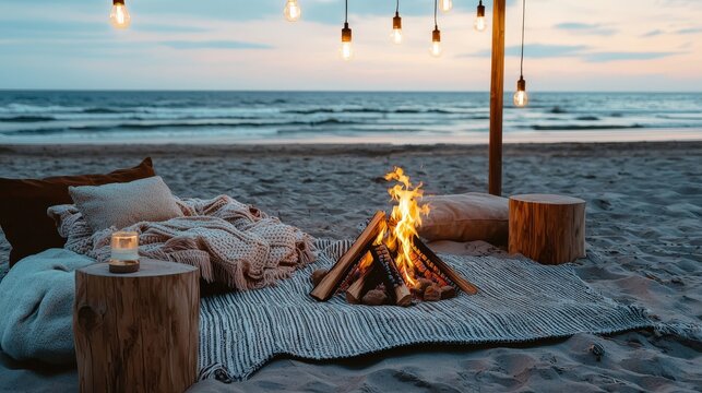 A cozy bonfire burns brightly on the sandy beach under a st of lights creating a peaceful and inviting atmosphere near the calming ocean waves at twilight.