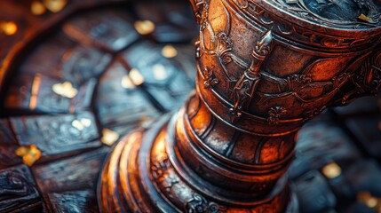 Ornate metallic object, gold flecks. Dark, rich details