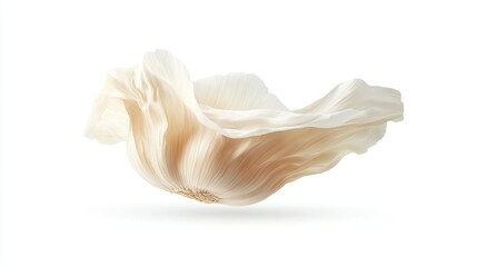 A single garlic bulb, its papery outer skin delicately unfurled and billowing like a sail, floats against a stark white background, casting a subtle shadow