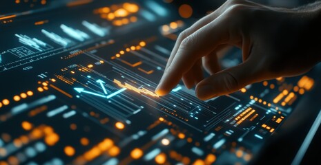 A hand interacts with a futuristic, glowing digital interface displaying dynamic graphs and data points