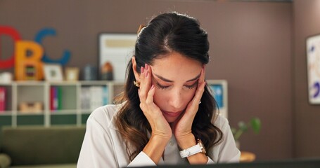 Anxiety, education and laptop with woman teacher at desk in office for burnout or stress. Computer,...