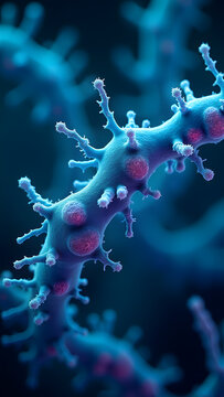 Glowing filamentous bacteria with entangled viruses, microscopic fantasy scene, vibrant cyan and magenta bio-luminescence against dark background.