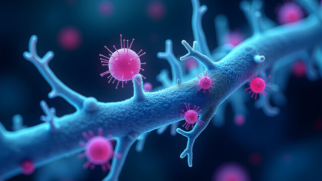 Glowing filamentous bacteria with entangled viruses, microscopic fantasy scene, vibrant cyan and magenta bio-luminescence against dark background.