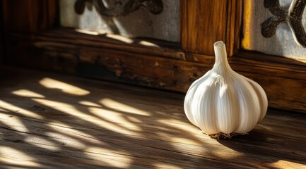 Single bulb of garlic sits on rustic wooden surface, sunlit, against an antique window with etched designs