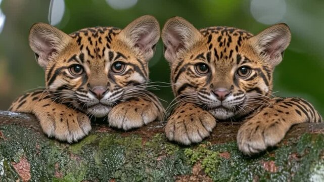 Playful Duo: Two adorable ocelot cubs share a heartwarming moment, perched upon a moss-covered branch within a lush, vibrant forest. The scene emanates charm and the wild essence of nature.
