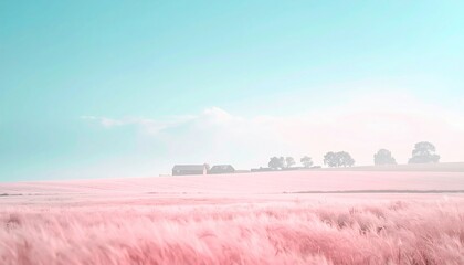 Fototapeta premium Tranquil sunrise over pink wheat fields rural landscape nature photography serene environment wide-angle view dreamy concept