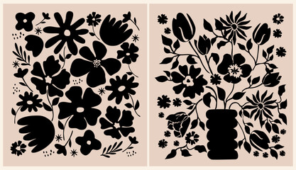 Hand drawn abstract floral compositions with botanical elements, flowers, and leaves in vector format. Elegant design isolated on neutral beige background, perfect for modern projects.