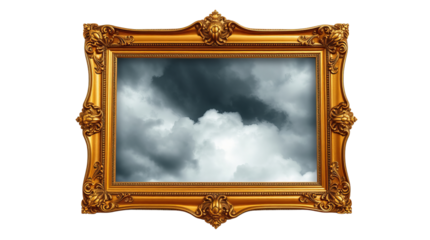 Beautiful frame in golden color with clouds photograh inside frame transparent background 