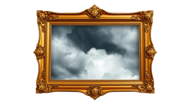 Beautiful frame in golden color with clouds photograh inside frame transparent background 