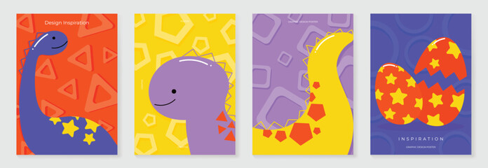 Kids and children cover design vector. Fun Childish hand drawn doodle design background with dinosaur, egg. Playful poster design for packaging, education, wallpaper and print.