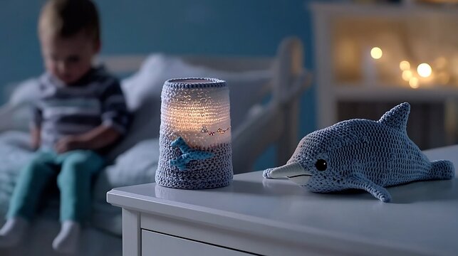 Cozy bedside lamp and dolphin toy in child's room