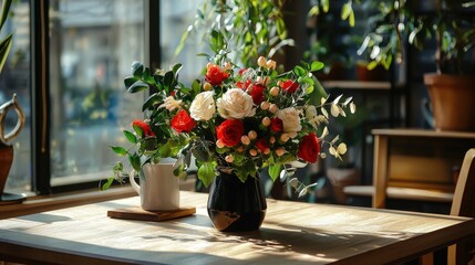 Fototapeta premium A vibrant bouquet of red and white roses adorns a wooden table near a sunlit window, casting a warm, inviting glow in the cozy room with potted plants.