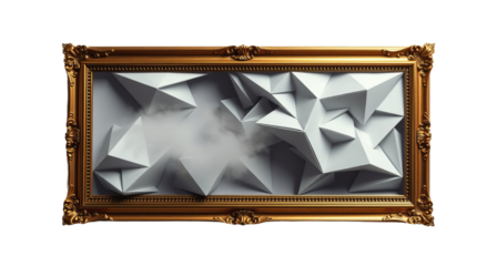 Beautiful golden frame with 3d origami triangles design isolated on transparent background