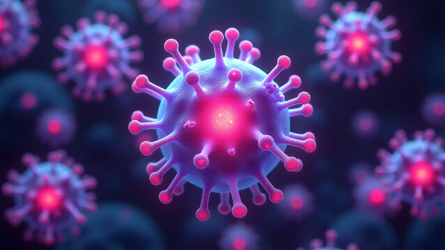 Purple spirillum bacterium with capsule attacked by hook-appendage viruses, microscopic war scene with rainbow diffraction.