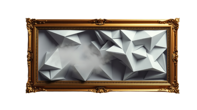 Beautiful golden frame with 3d origami triangles design isolated on transparent background