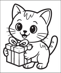 Adorable Cartoon Kitten Holding a Gift Box Coloring Page