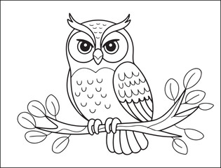 Cute Cartoon Owl Perched on Branch Coloring Page