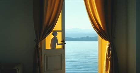 Person stands gazing out window. Ocean view visible through open curtains. Warm light, peaceful scene, interior space.