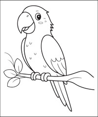 Cute Parrot on Branch Coloring Page Illustration