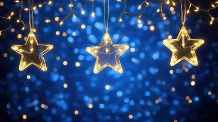 Fototapeta premium Illuminated Star Ornaments Hanging Against a Blue Bokeh Background