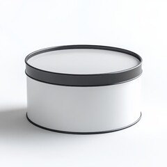 A cylindrical white tin with a dark gray rim, sitting on a plain white background, casting a subtle shadow