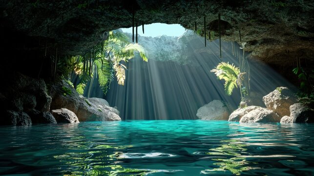 Sunlight streams into a tranquil cenote, illuminating the clear turquoise water surrounded by lush vegetation and rocky formations in a serene natural setting.
