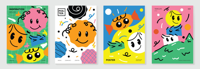 Fototapeta na wymiar Kids and children cover design vector. Fun Childish hand drawn doodle design background with geometric funny. Playful poster design for packaging, education, wallpaper and print.
