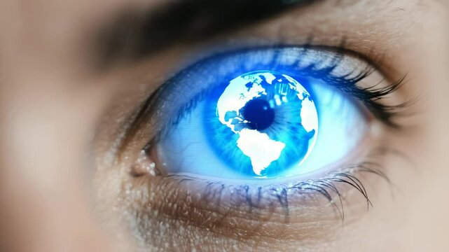 extreme close-up of human eye with rotating holographic globe in iris, glowing blue effect, futuristic concept of global vision, innovation, technology, ai, science, virtual interface, metaverse