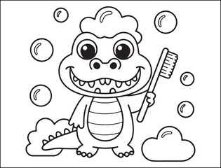 Cute Cartoon Crocodile Brushing Teeth Coloring Page