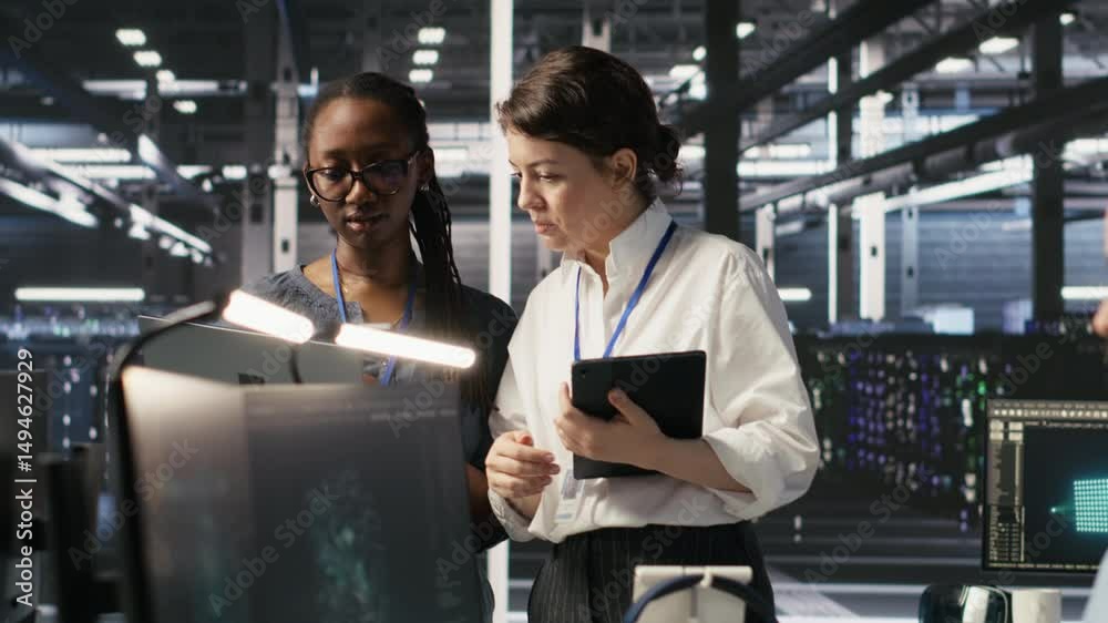 Poster software developers working together in server farm, reviewing neural network code and llm visualiza
