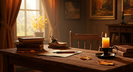Cozy autumn scene with vintage books, candle, and pen on a wooden table
