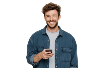 Smiling man holding smartphone, dressed in denim jacket against Isolated on transparent Background.
