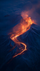 Fototapeta premium Aerial view of erupting volcano with glowing lava flow patterns in twilight